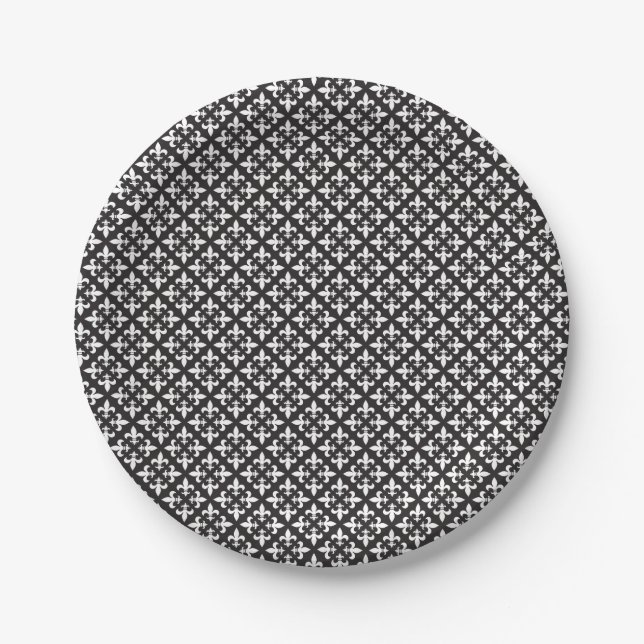 Assiettes En Carton Fleur de Lis Motif français noir et blanc (Devant)