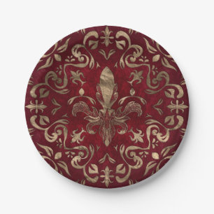 Assiettes En Carton Fleur de lis rouge et or