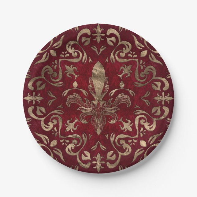 Assiettes En Carton Fleur de lis rouge et or (Devant)