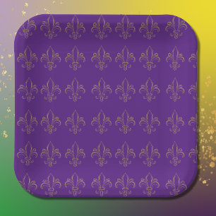 Assiettes En Carton Fleur De Lis Simple Élégant Purple et Or