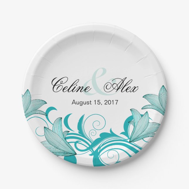 Assiettes En Carton Fleur de Lyrica Floral Mariage | TURQUOISE (Devant)