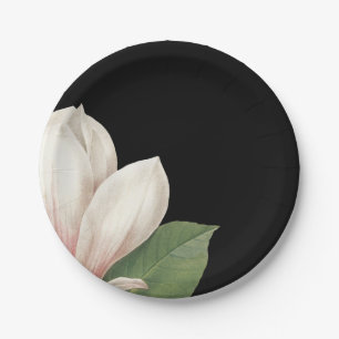 Assiettes En Carton Fleur de Magnolia du Sud   Élégant noir