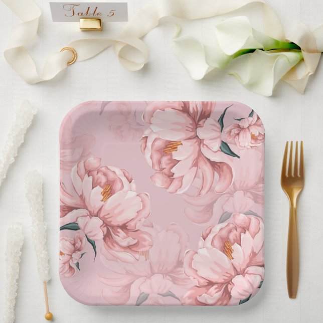 Assiettes En Carton Fleur de pivoine rose (Mariage)