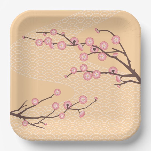Assiettes En Carton Fleur de prune rose sur jaune (Recto)