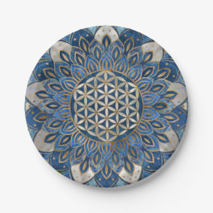 Assiettes En Carton Fleur de vie à Lotus - Marbre bleu et perle