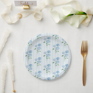 Assiettes En Carton Fleur d'Hortensia Bleu Personnalisé Douche Rayure
