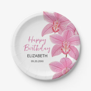 Assiettes En Carton Fleur d'orchidée rose tropicale Joyeux anniversair