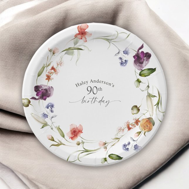 Assiettes En Carton Fleur féminine fleur sauvage 90e fête d'anniversai (Créateur téléchargé)