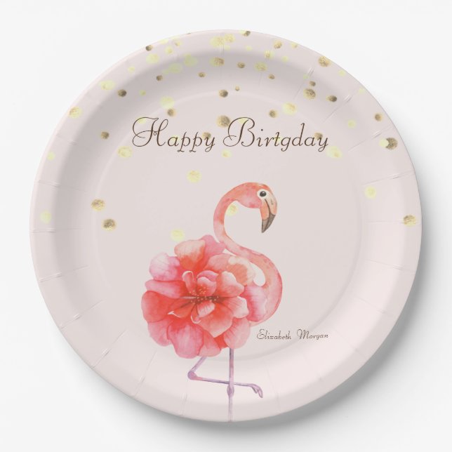 Assiettes En Carton Fleur Flamant rose rose, Confetti Or (Devant)