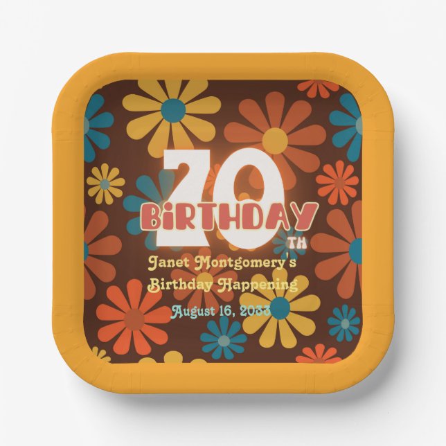 Assiettes En Carton Fleur Hippie Rétro Personnalisée 70e anniversaire (Recto)
