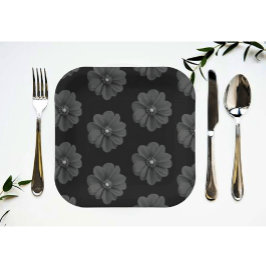 Assiettes En Carton "Fleur illustrée en Motif gris-noir"