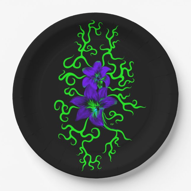 Assiettes En Carton Fleur Lily violette sur noir (Devant)