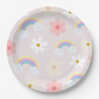 Assiettes En Carton Fleur marguerite Arc-en-ciel Plaque rose