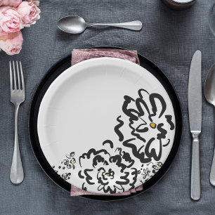 Assiettes En Carton Fleur noire et blanche simple