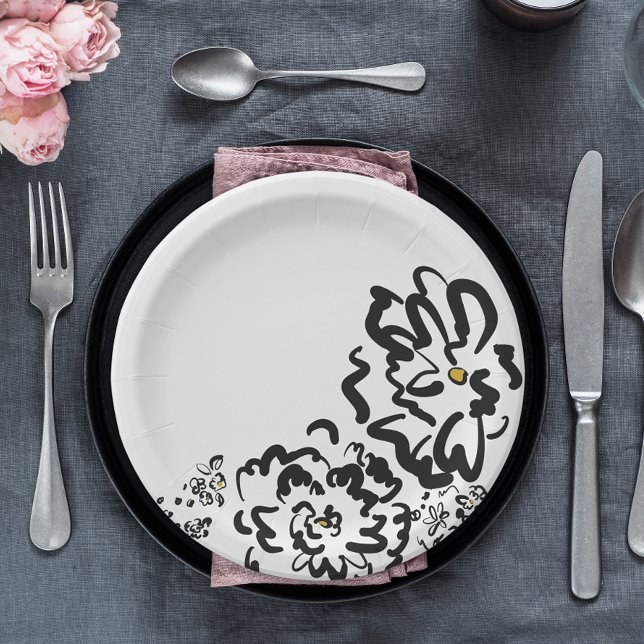 Assiettes En Carton Fleur noire et blanche simple (Créateur téléchargé)