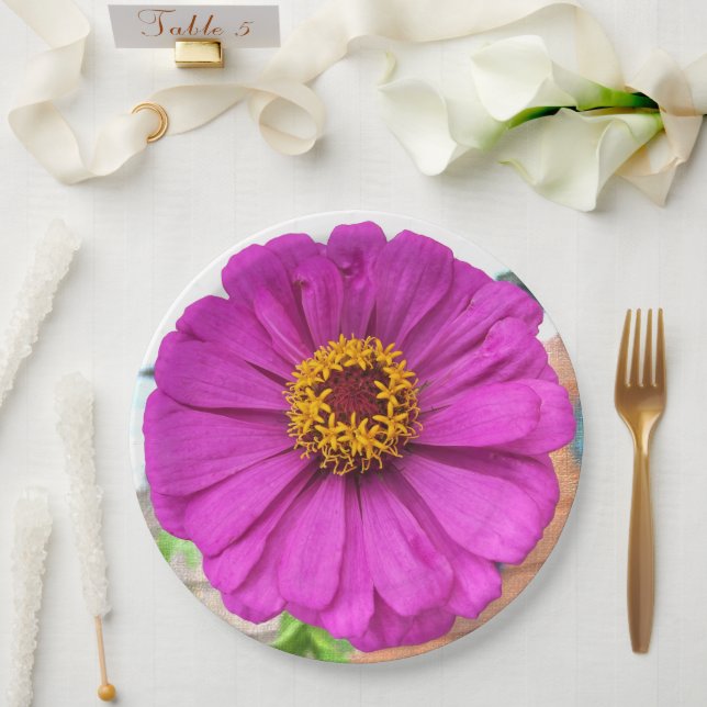 Assiettes En Carton Fleur pourpre Zinnia en fleur (Mariage)