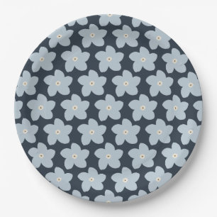 Assiettes En Carton Fleur Rétro Bleu Clair Et Navy