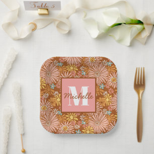 Assiettes En Carton Fleur rétro été Plaques de papier monogramme