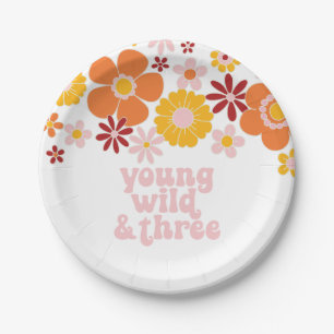 Assiettes En Carton Fleur Rétro Jeune Sauvage trois anniversaire