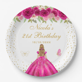 Assiettes En Carton Fleur rose chaud Cheveux Blonds Princesse Annivers