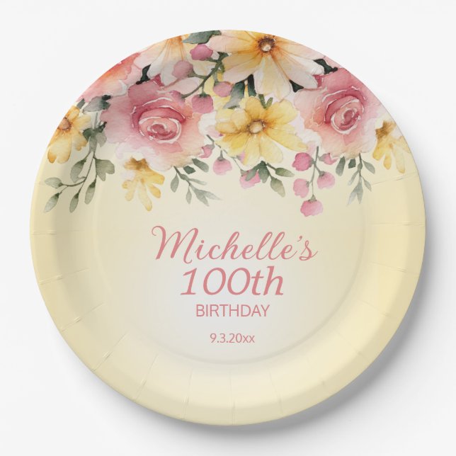 Assiettes En Carton Fleur rose jaune 100e fête d'anniversaire (Devant)