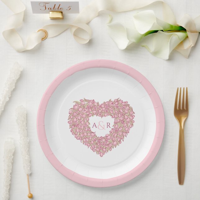 Assiettes En Carton Fleur rose mariage tulipes coeur bouquet monogramm (Mariage)