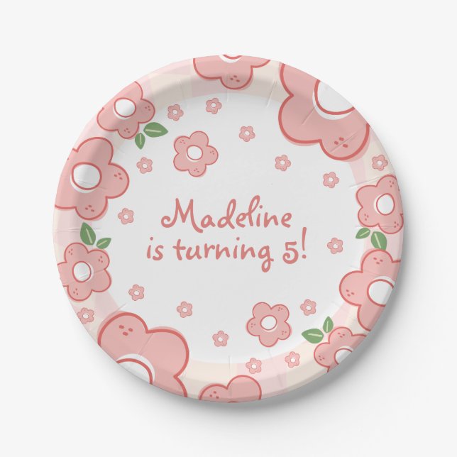 Assiettes En Carton Fleur rose mignonne Plaques papier d'anniversaire (Devant)