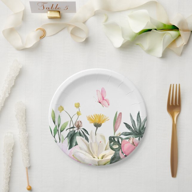 Assiettes En Carton Fleur rose rose rustique (Mariage)