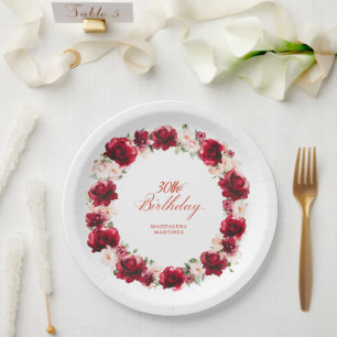 Assiettes En Carton Fleur rose rouge Personnalisée 30ème anniversaire