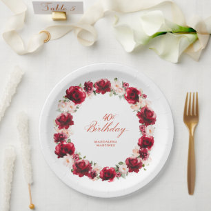 Assiettes En Carton Fleur rose rouge personnalisée 40e fête d'annivers