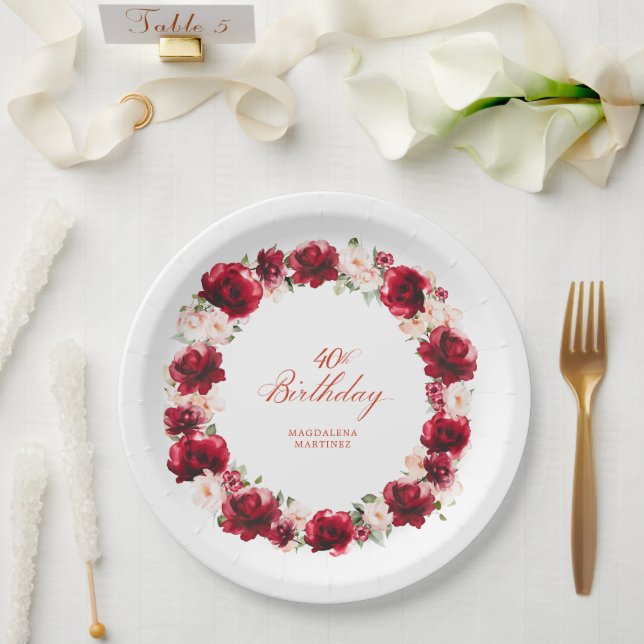 Assiettes En Carton Fleur rose rouge personnalisée 40e fête d'annivers (Mariage)