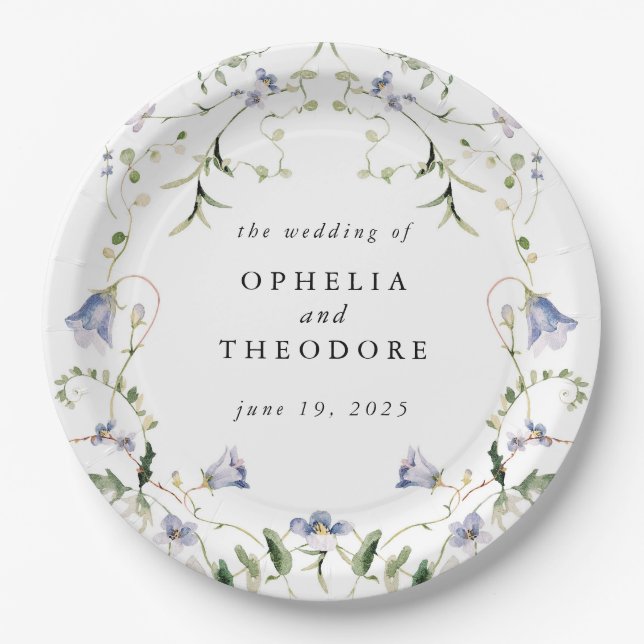 Assiettes En Carton Fleur sauvage bleu aquarelle Mariage Monogramme (Devant)