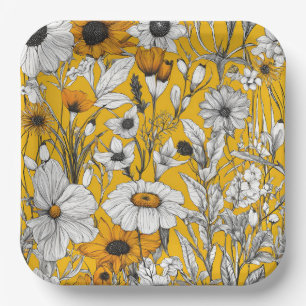Assiettes En Carton Fleur sauvage Boho Gold White Daisy