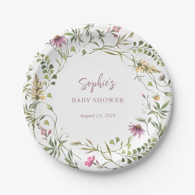 Assiettes En Carton Fleur sauvage botanique | Baby shower élégant (Devant)