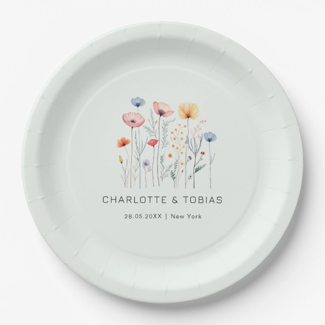 Assiettes En Carton Fleur sauvage frais | Mariage vert clair (Devant)