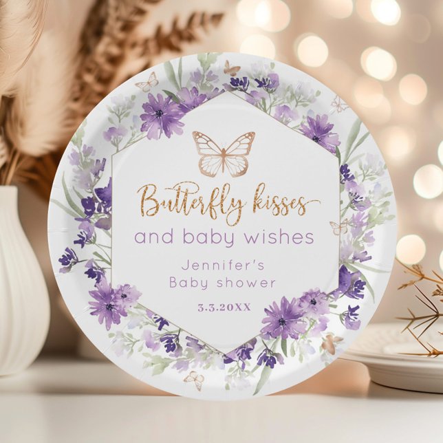 Assiettes En Carton Fleur sauvage papillon violet embrasse baby shower (Créateur téléchargé)