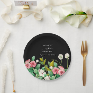 Assiettes En Carton Fleur sauvage Périwinkle Aquarelle Mariage noir