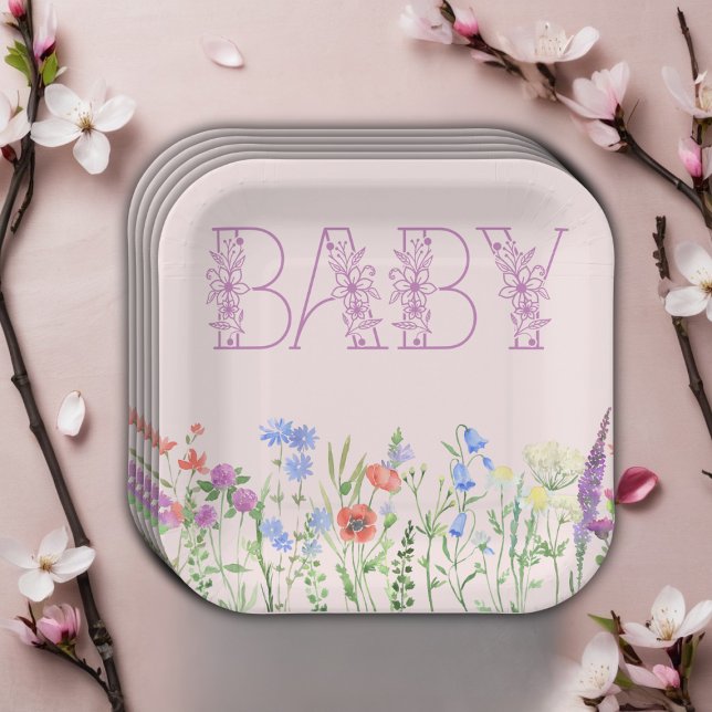 Assiettes En Carton Fleur sauvage Purple Floral Baby Monogram Baby sho (Créateur téléchargé)