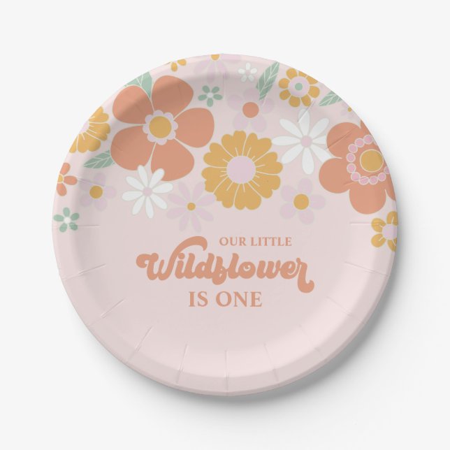 Assiettes En Carton Fleur sauvage Retro Floral premier anniversaire (Devant)