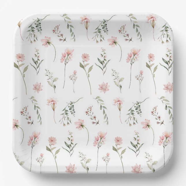 Assiettes En Carton Fleur sauvage rose et sauge vert aquarelle (Recto)