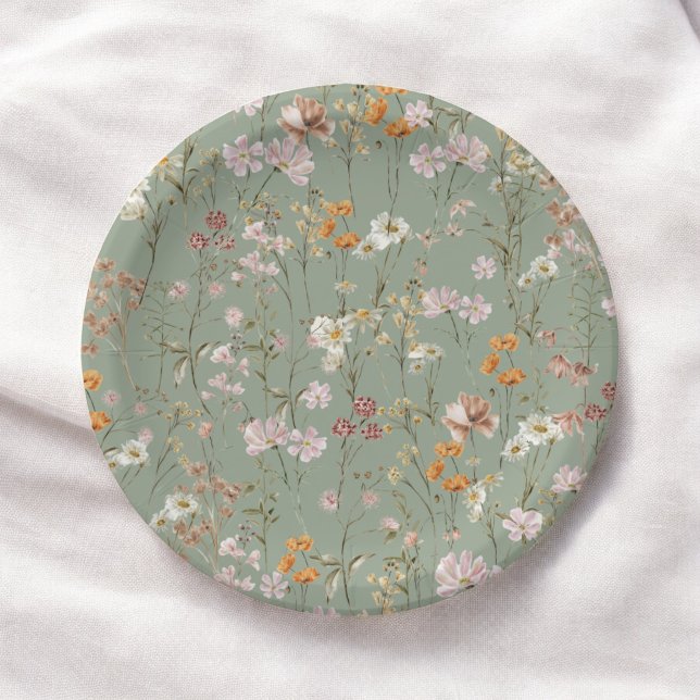Assiettes En Carton Fleur sauvage Sage Green Baby shower Boho En Fleur (Créateur téléchargé)
