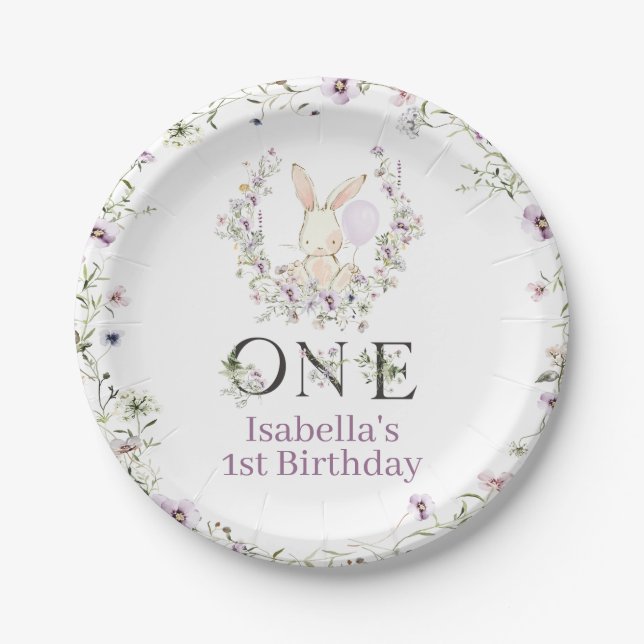 Assiettes En Carton Fleur sauvage violet photo Un lapin 1er anniversai (Devant)