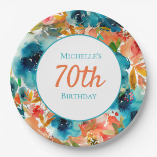 Assiettes En Carton Fleur Teal Orange Aquarelle 70e Anniversaire 