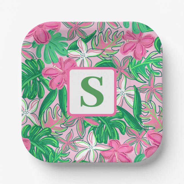Assiettes En Carton Fleur tropicale Monogramme rose blanc vert Preppy (Recto)