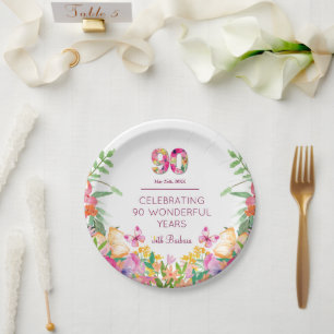 Assiettes En Carton Fleurs 90 ans Papillon 90e fête d'anniversaire
