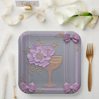 Assiettes En Carton Fleurs à effet 3D et dentelle or rose de lilas