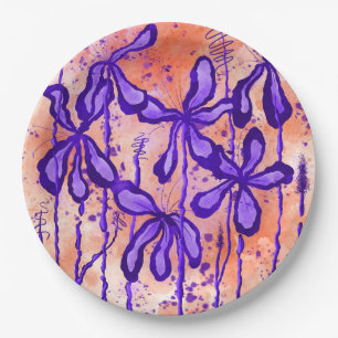 Assiettes En Carton Fleurs Abstraites encrées Orange violet