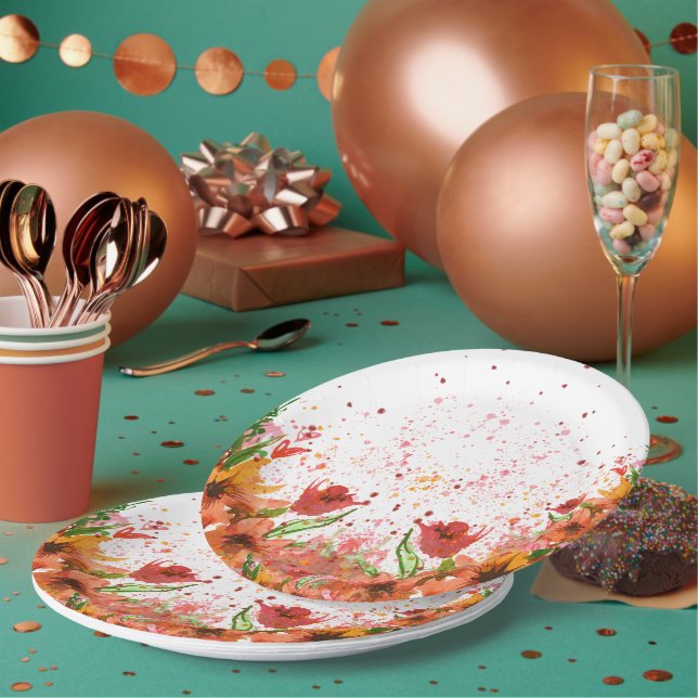 Assiettes En Carton Fleurs Abstraites Modernes Vertes et Orange (Multi)