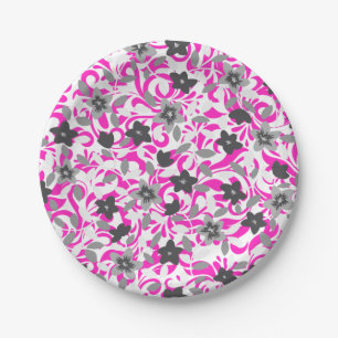 Assiettes En Carton Fleurs abstraites rose pâle et gris blanc