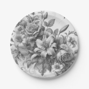 Assiettes En Carton Fleurs Antiques Noir & Blanc de Perfection